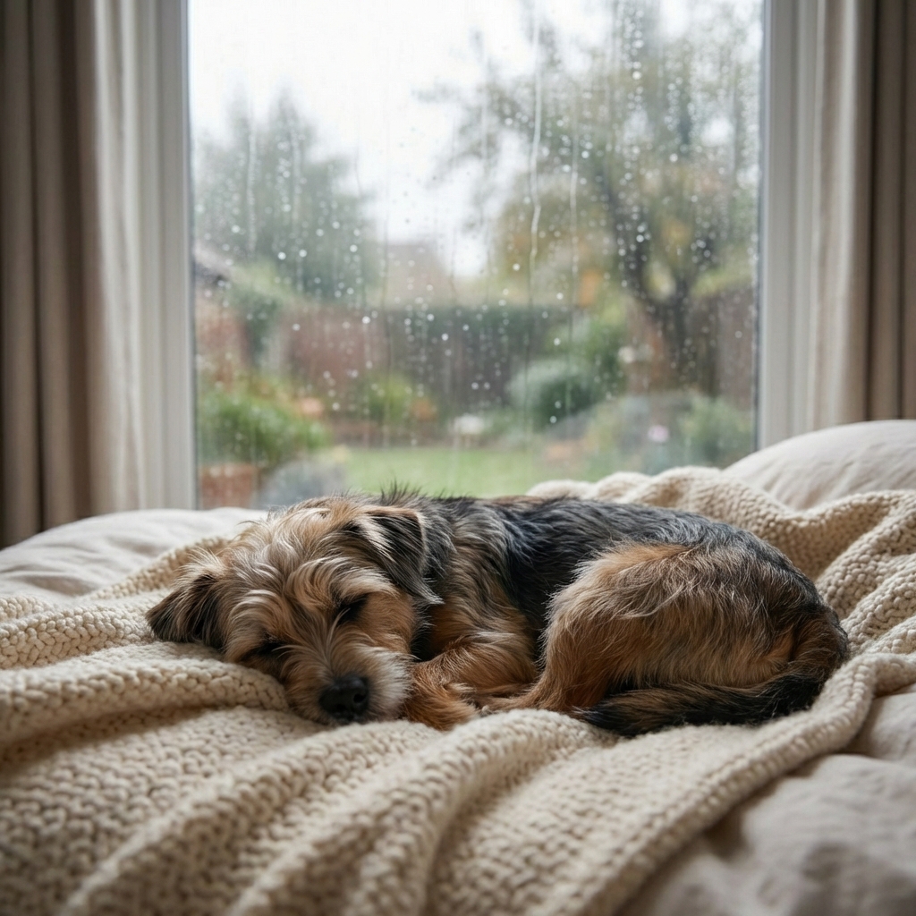 A dog resting in a quiet corner on a bed with soft lighting while rain falls outside a window