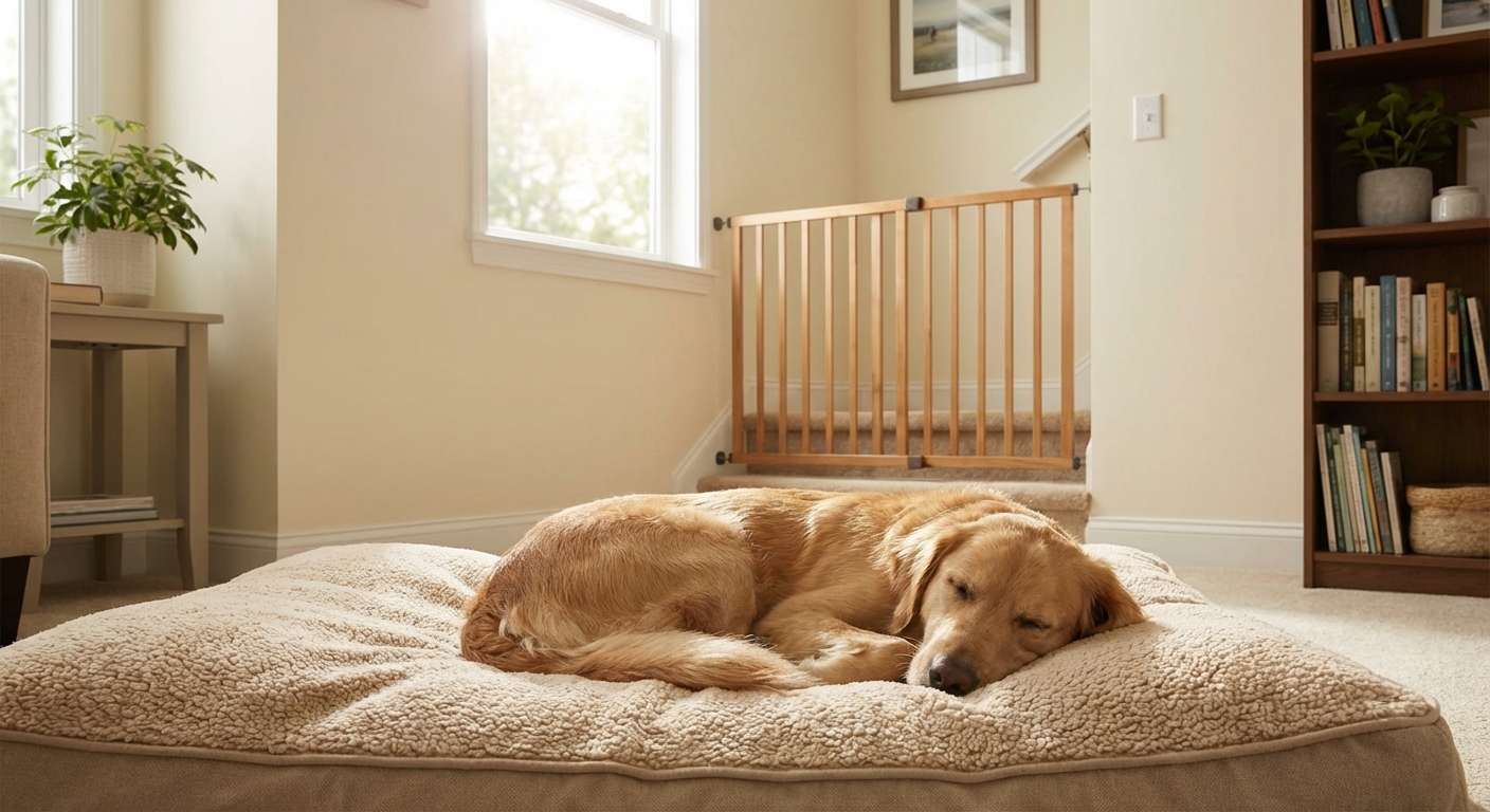 A dog resting in a quiet room on a soft bed with a baby gate blocking stairs in the background