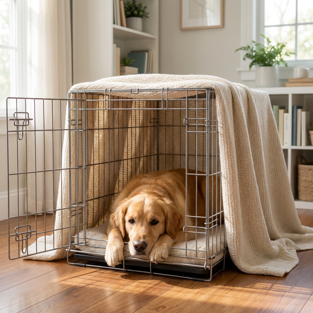 A dog resting in an open crate with a blanket draped over the top in a quiet room