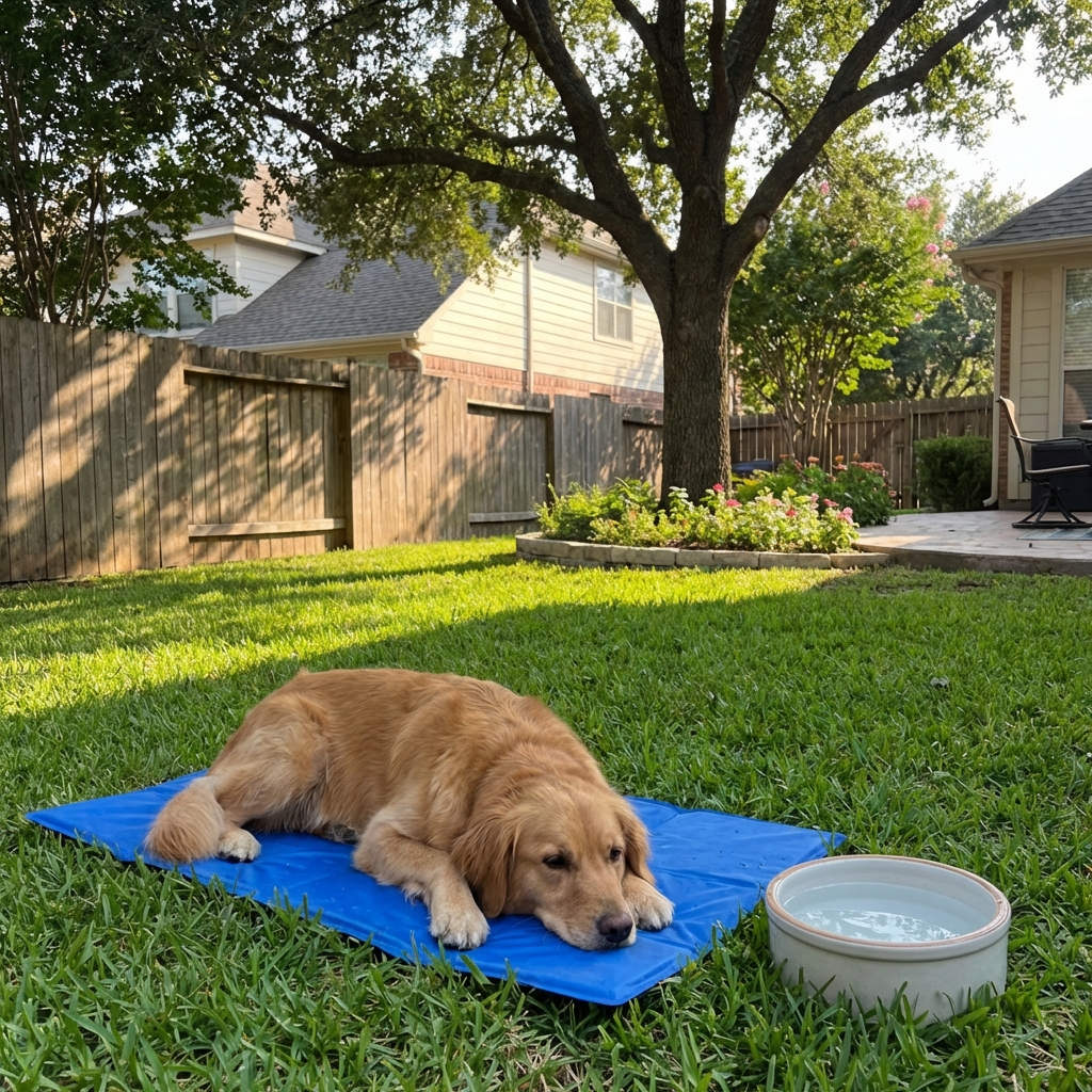 A dog resting in the shade on a cooling mat near a water bowl in a backyard