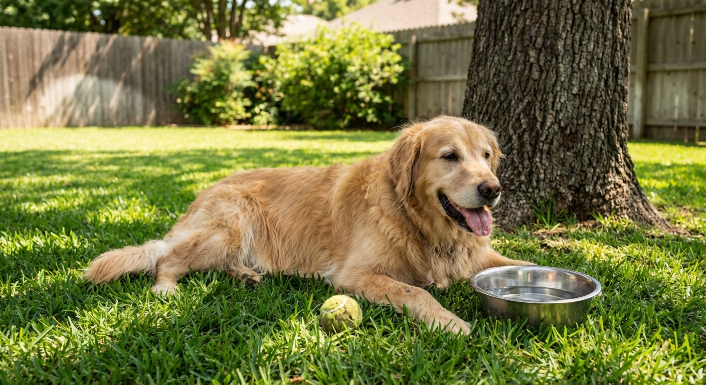 A dog resting in the shade on grass after playing fetch, with a water bowl nearby