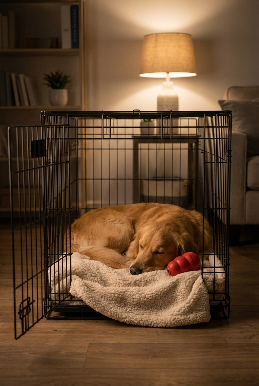 A dog resting inside an open crate with a soft blanket and a chew toy in a dim quiet room