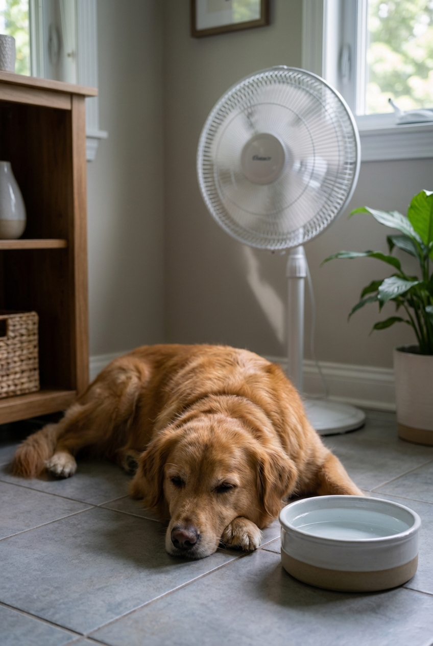 A dog resting near a shaded indoor area with a nearby water bowl and a gentle fan in the background