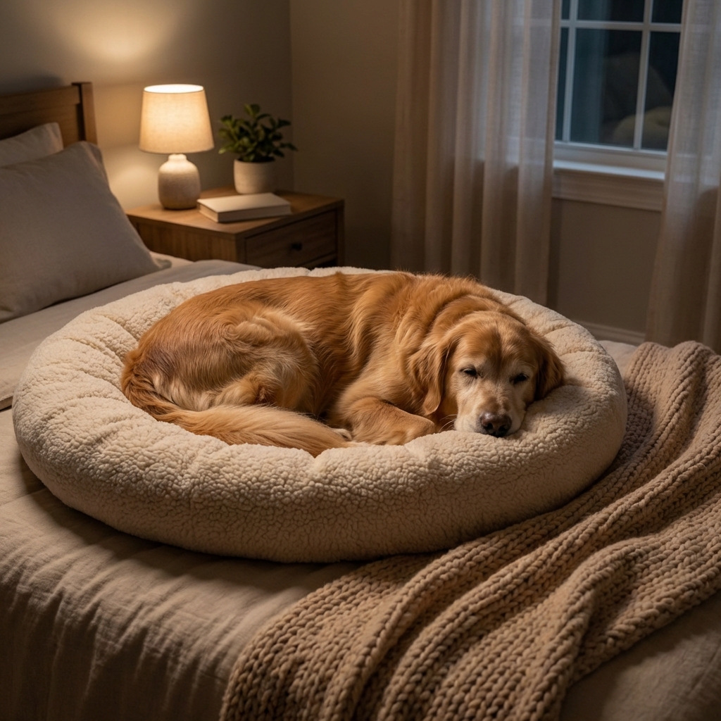 A dog resting on a bed with a soft blanket in a dim, quiet bedroom
