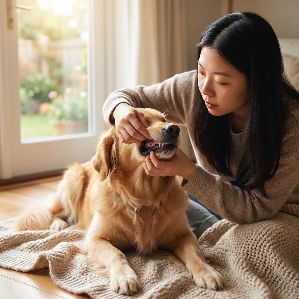 A dog resting on a blanket while a pet owner checks the dog’s gum color in natural window light