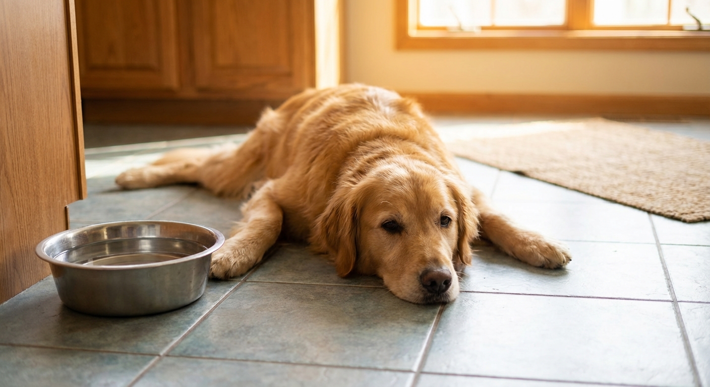 A dog resting on a cool floor near a water bowl in a warm room