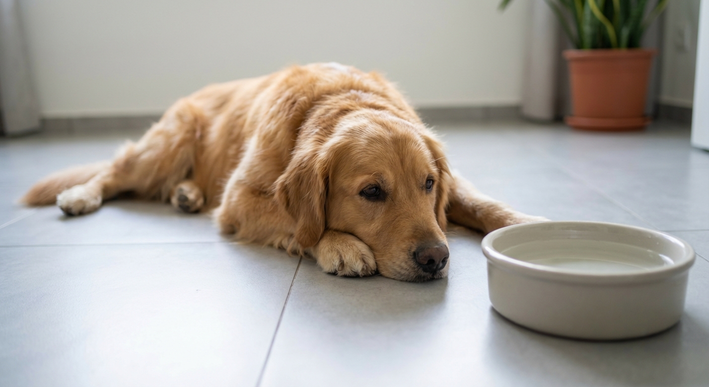 A dog resting on a cool tile floor near a water bowl in an air-conditioned room