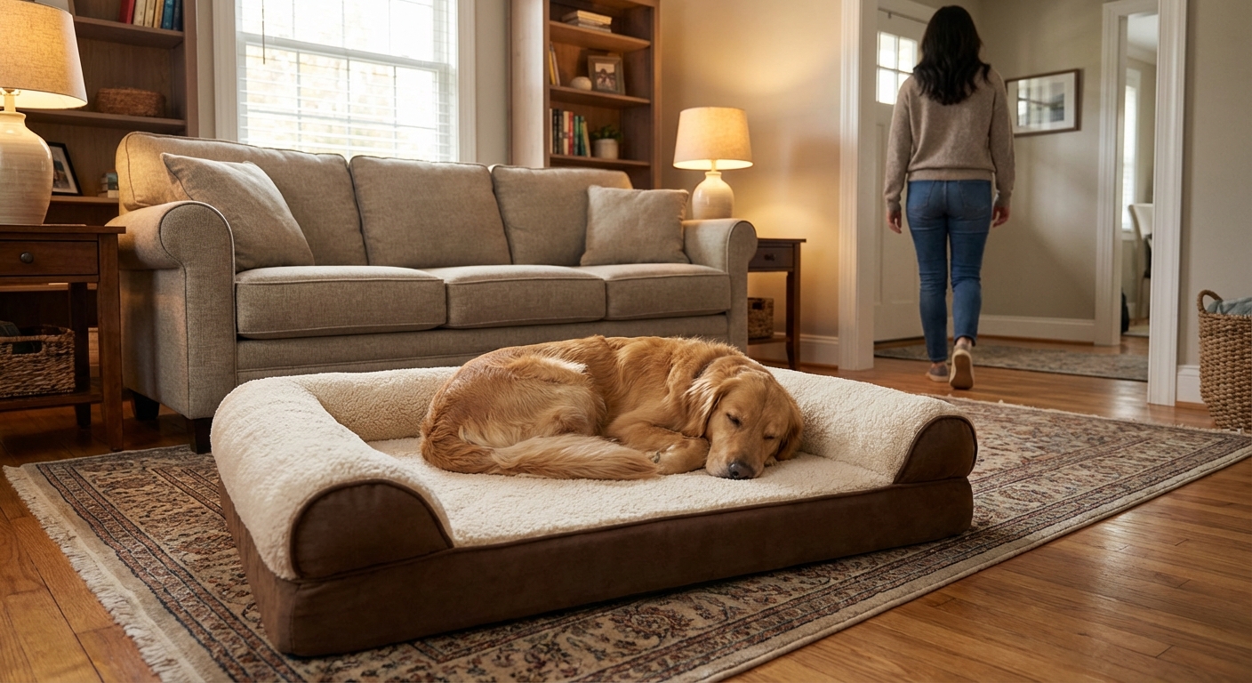 A dog resting on a cozy bed in a living room while a person walks away in the background