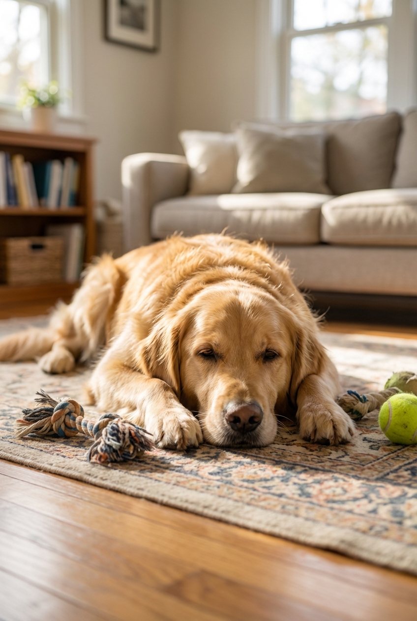 A dog resting on a living room floor looking tired after play