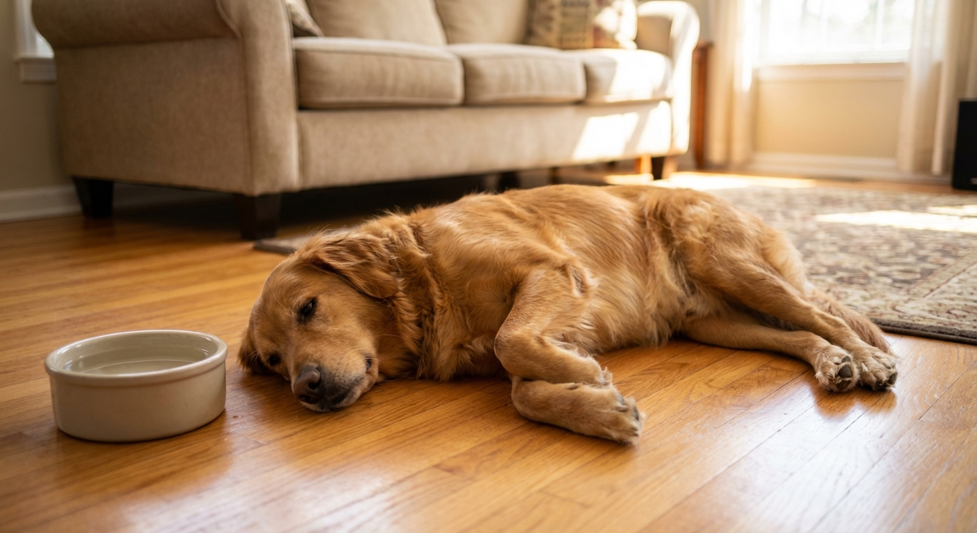 A dog resting on a living room floor near a water bowl