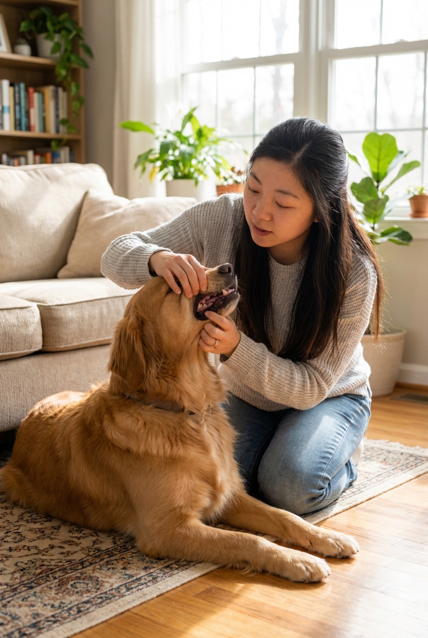 A dog resting on a living room floor while an owner gently observes their gum color
