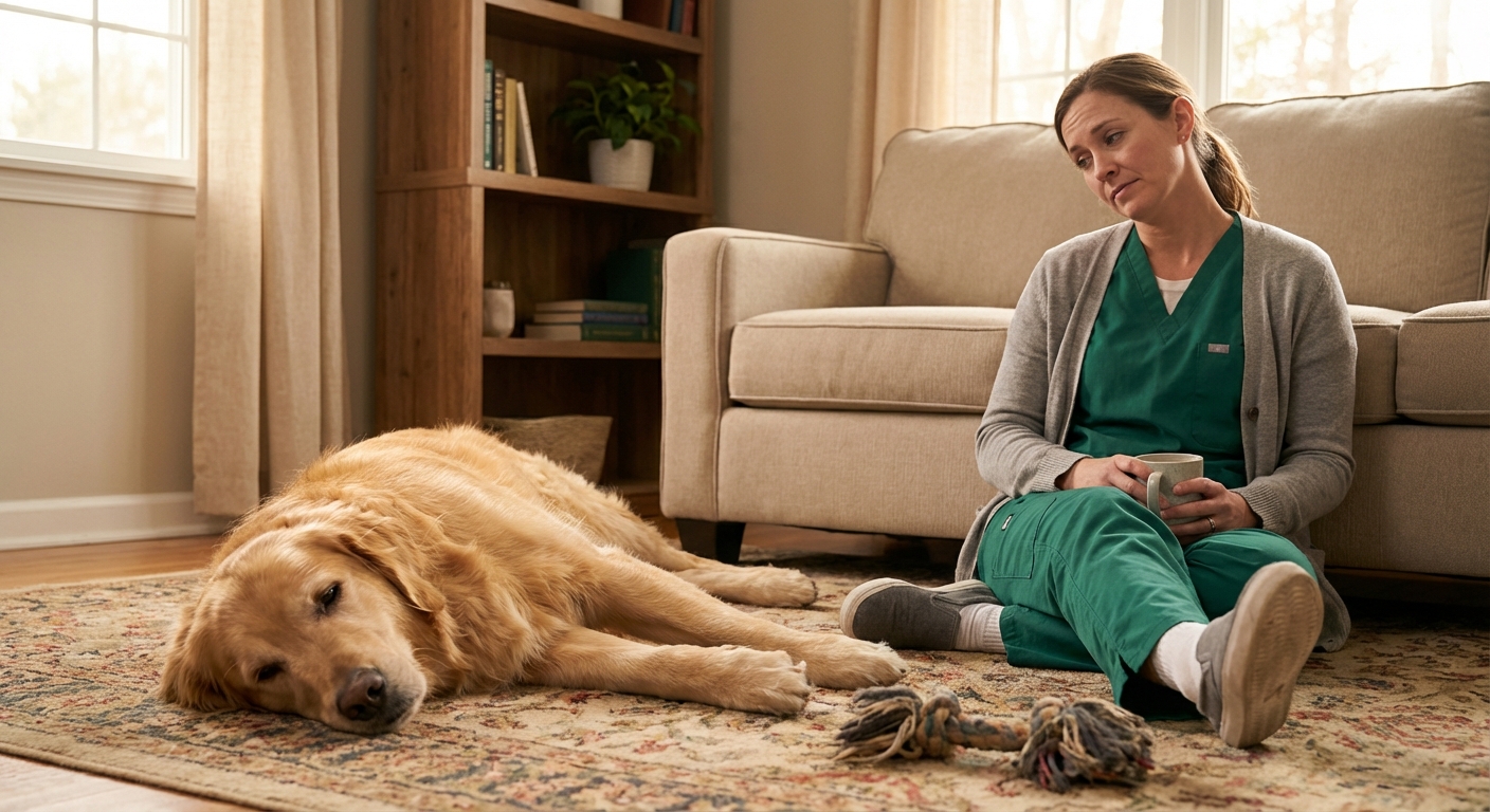 A dog resting on a living room floor with a tired posture while an owner sits nearby