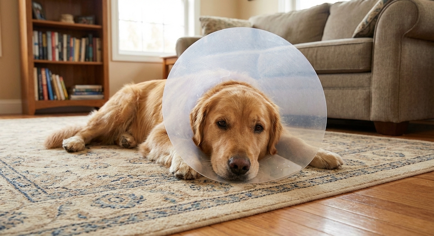 A dog resting on a living room rug while wearing a clear plastic recovery cone