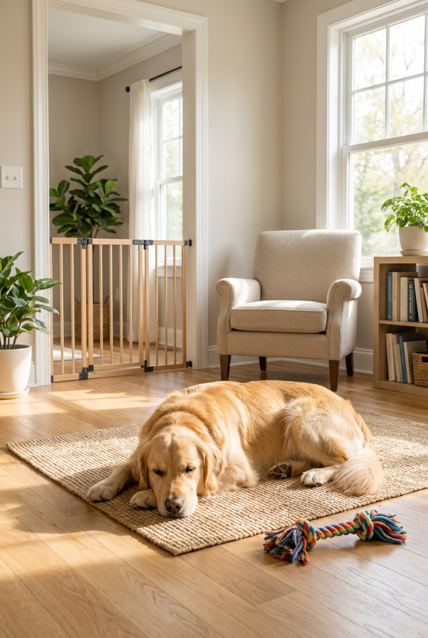 A dog resting on a mat in a calm living room with a baby gate set up and a chew toy nearby