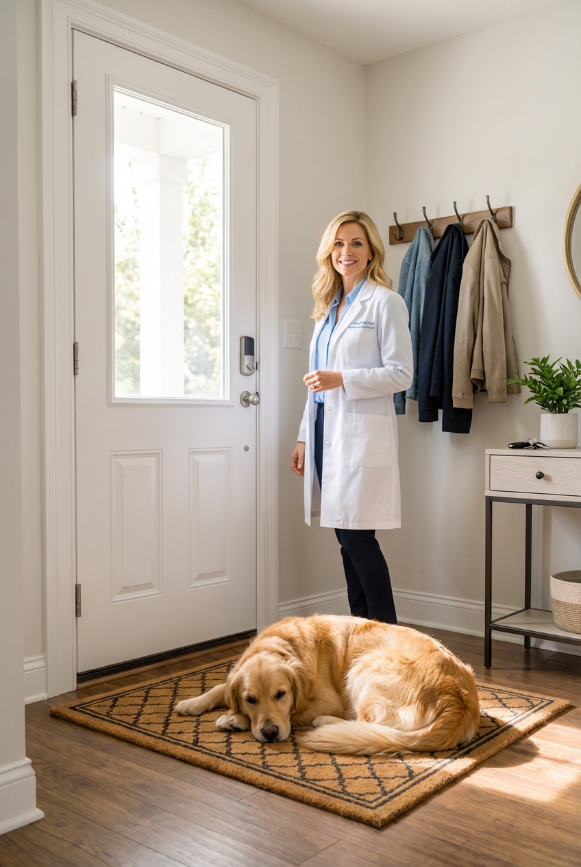 A dog resting on a mat near a front door while a guest stands inside the entryway