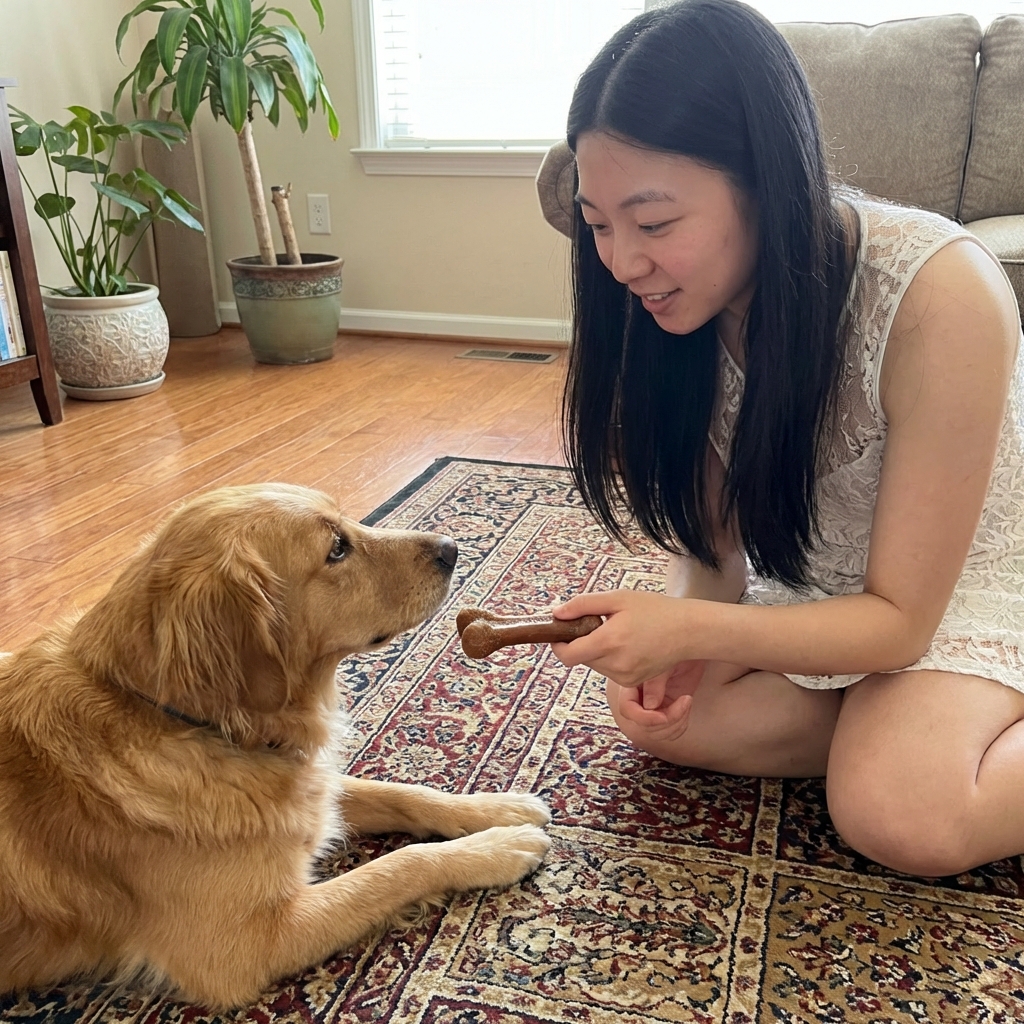 A dog resting on a rug with a person nearby offering a chew toy, showing calm engagement