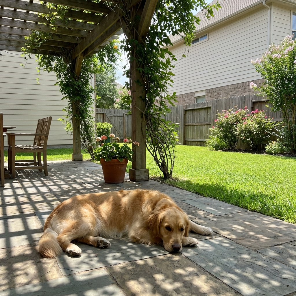 A dog resting on a shaded patio area next to a backyard lawn