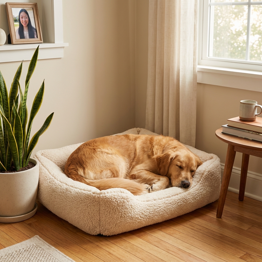A dog resting on a soft bed in a quiet corner of a home