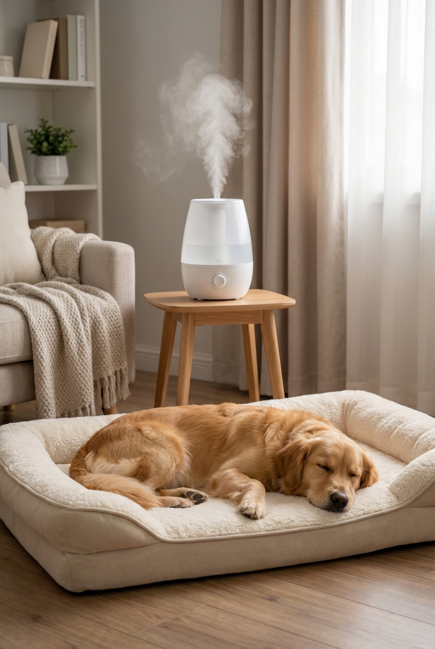 A dog resting on a soft bed near a clean cool-mist humidifier in a quiet bedroom