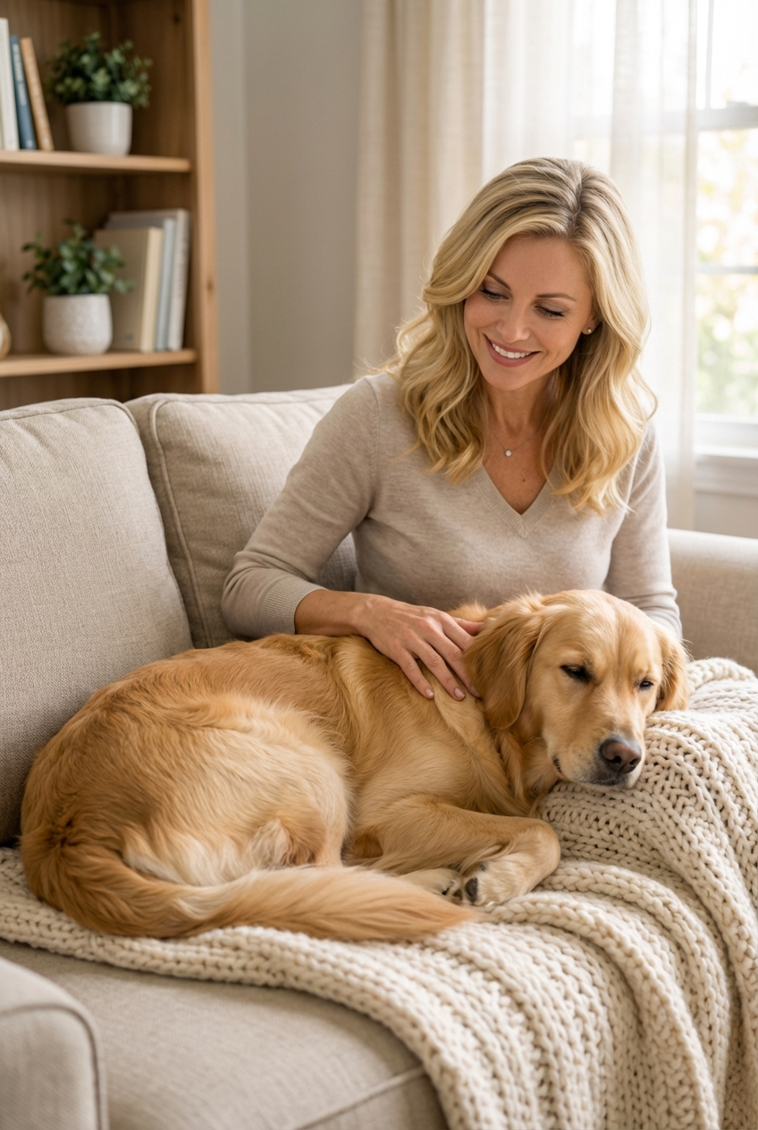 A dog resting on a soft blanket at home while an owner gently places a hand on the dog’s shoulder