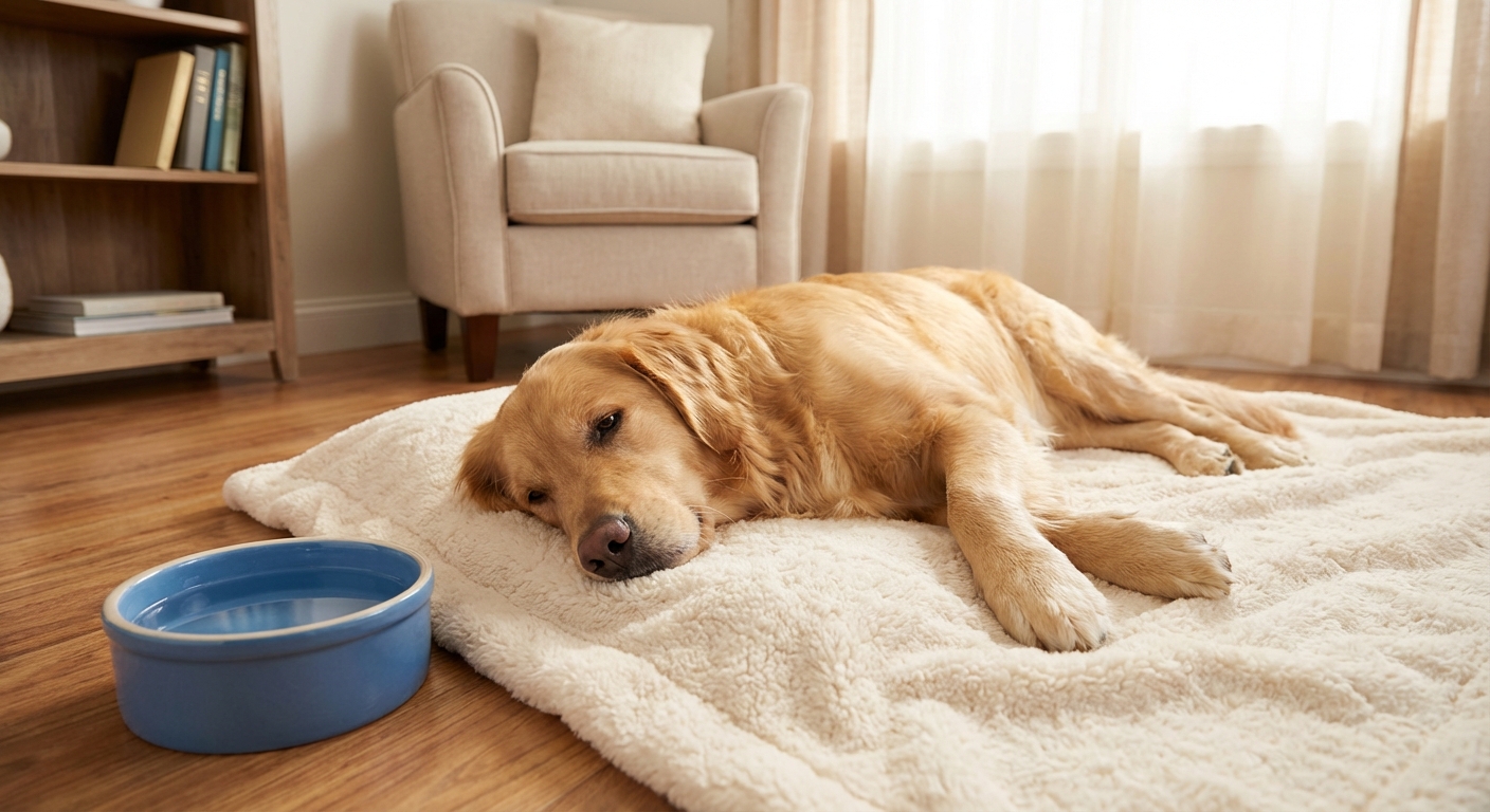 A dog resting on a soft blanket in a living room while a water bowl sits nearby