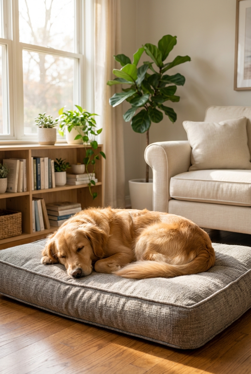 A dog resting on a supportive bed in a calm living room with soft natural light