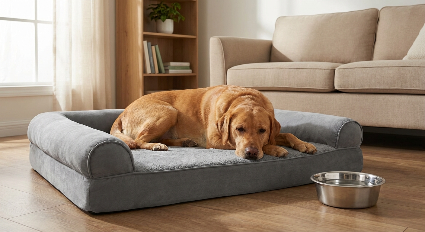 A dog resting on a supportive orthopedic bed in a quiet living room with a water bowl nearby
