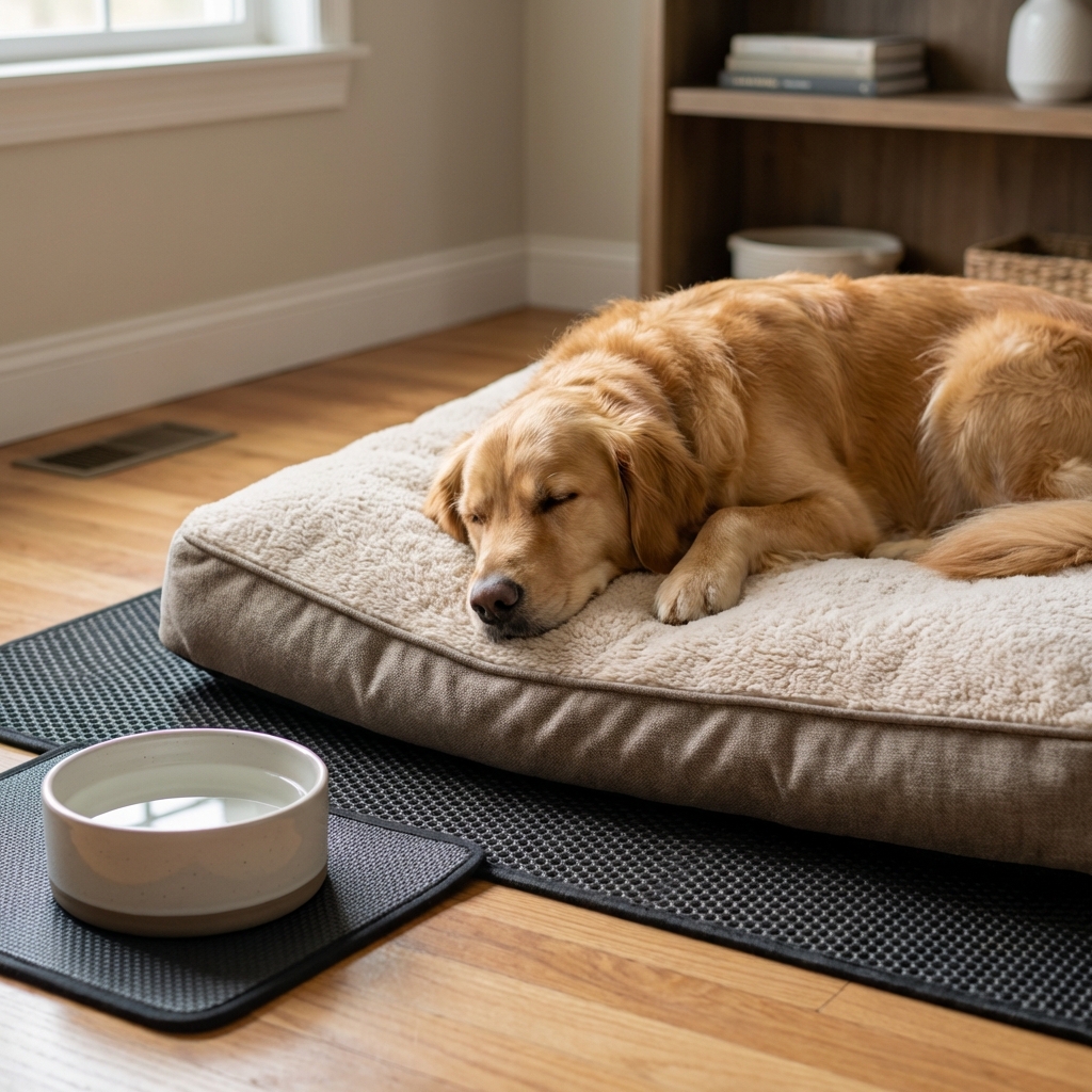 A dog resting on a thick bed in a quiet room with non-slip rugs and a water bowl placed nearby