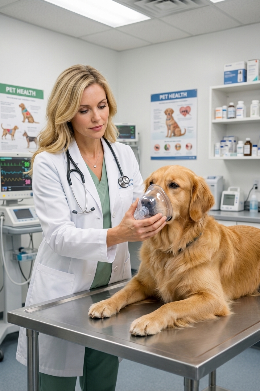 A dog resting on a veterinary clinic table receiving oxygen through a clear face mask while a veterinarian gently steadies the mask, clinical lighting, photorealistic