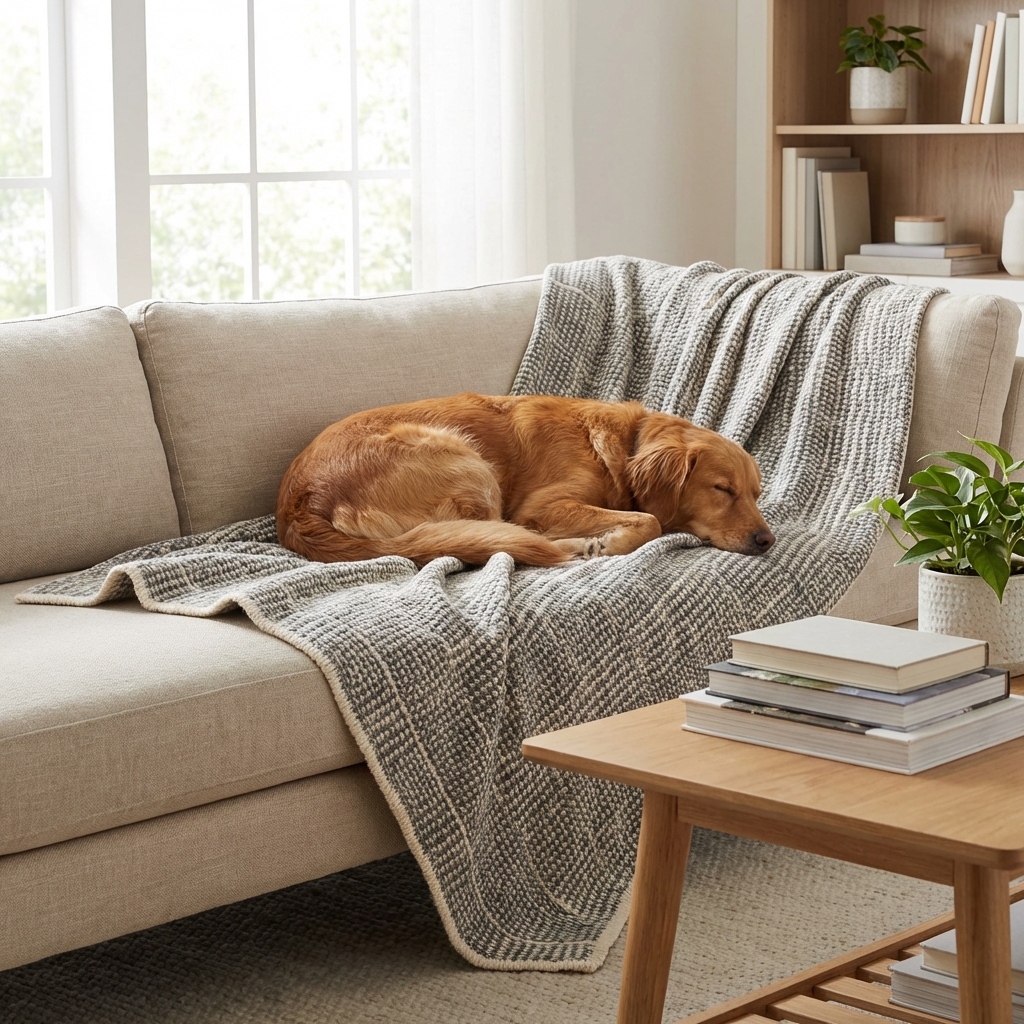 A dog resting on a washable blanket on a couch in a tidy living room