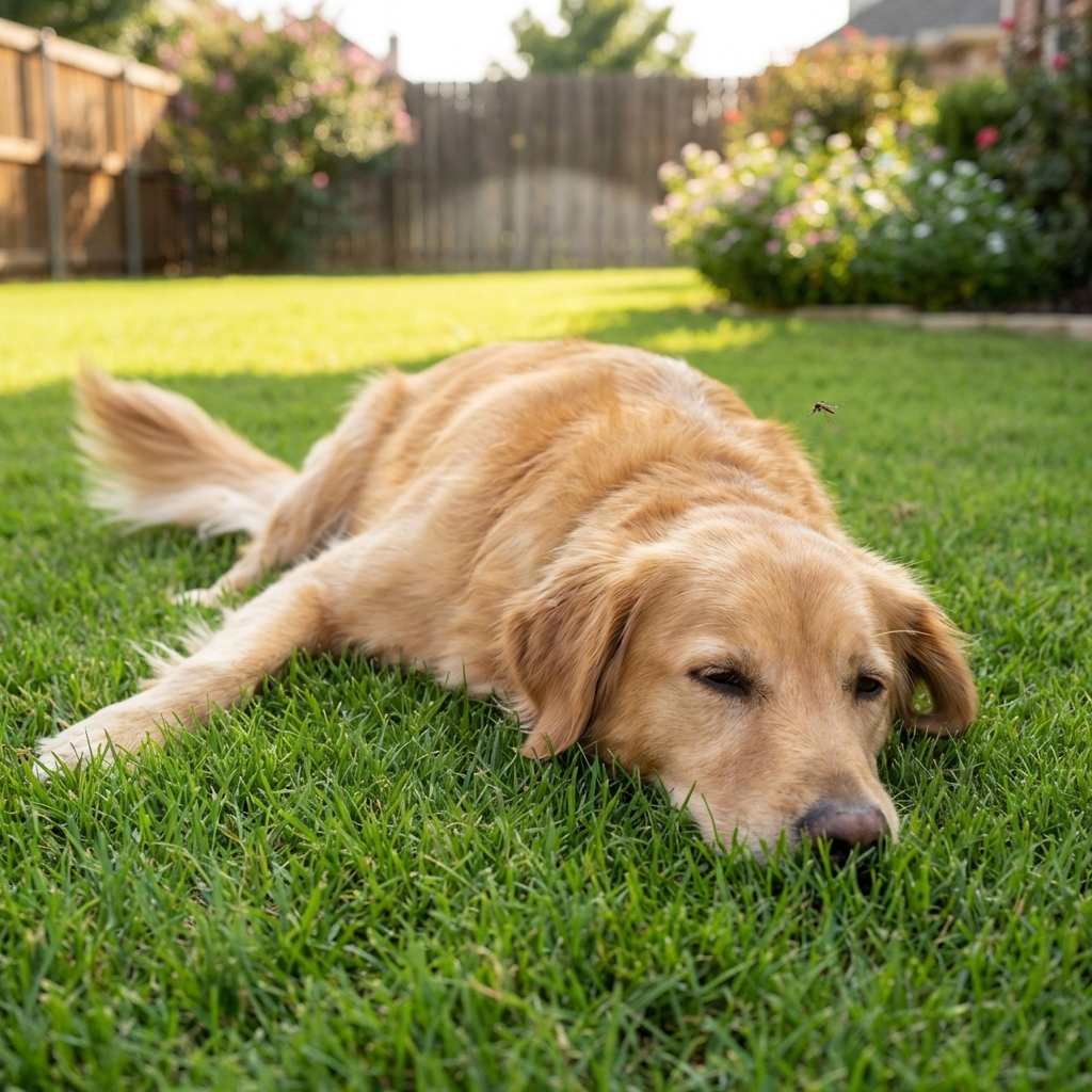A dog resting on grass outdoors during warm weather with a mosquito nearby