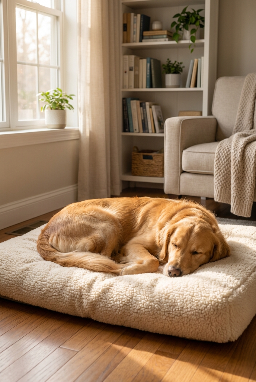 A dog resting peacefully on a plush bed in a quiet corner of a home with soft natural light