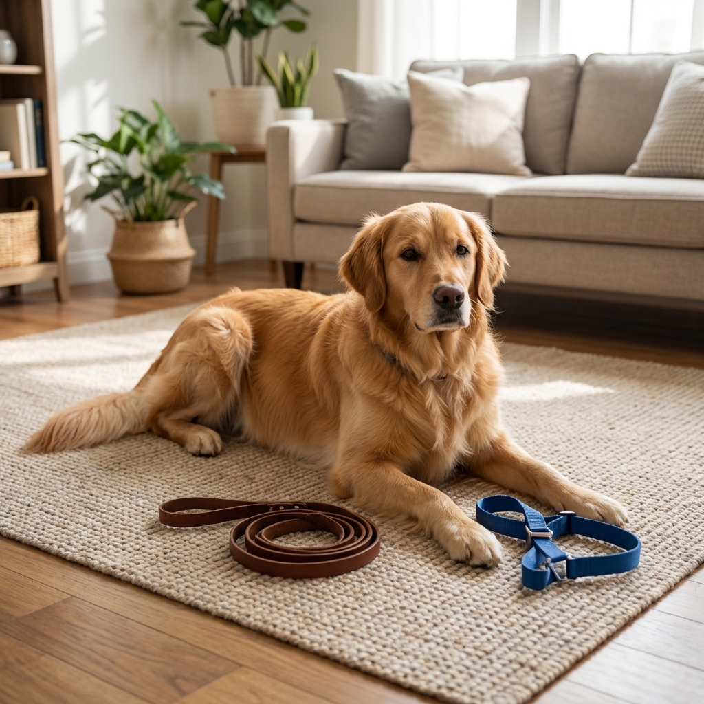 A dog resting quietly on a living room floor with a leash and harness nearby