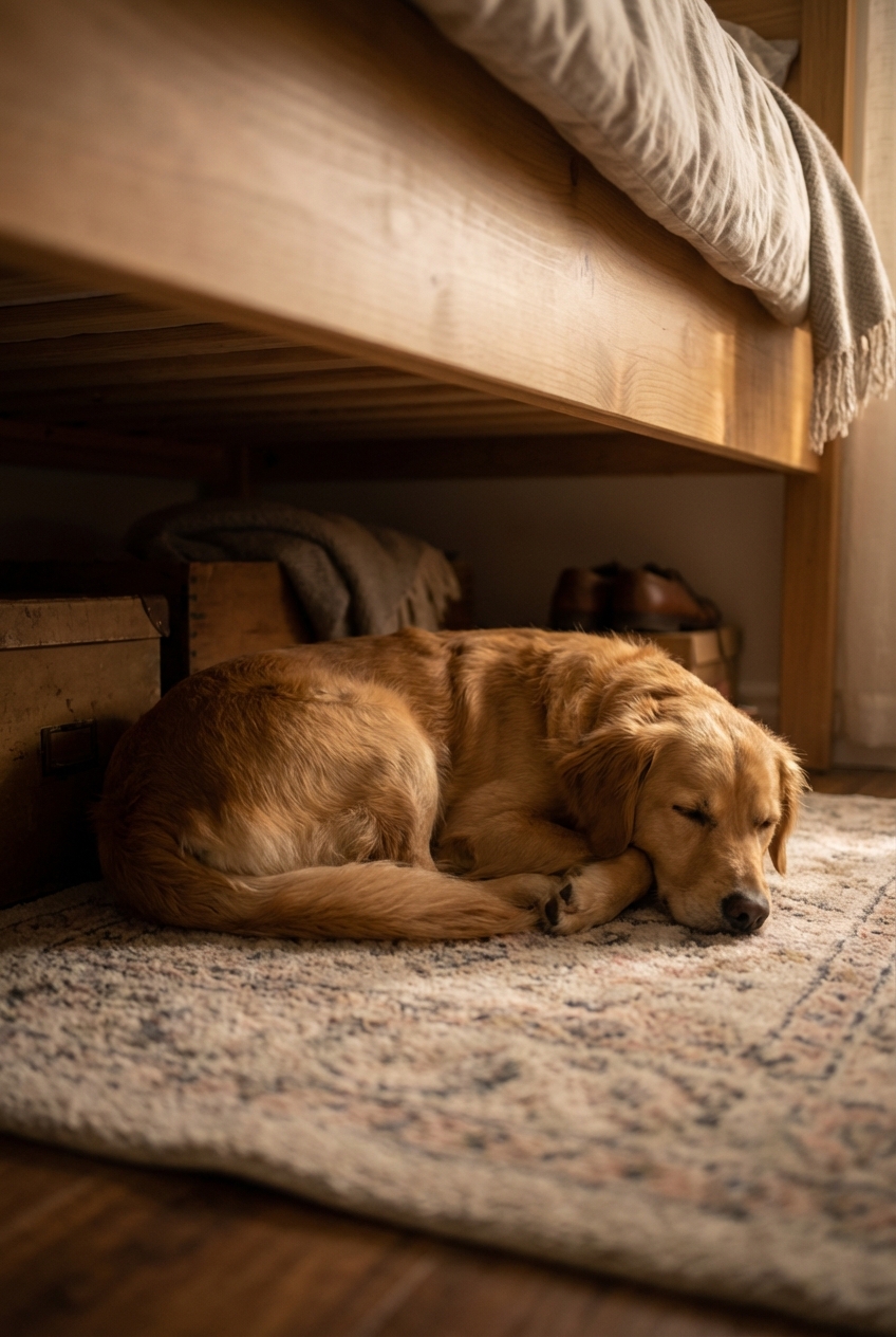 A dog resting under a bed in a dim, quiet room
