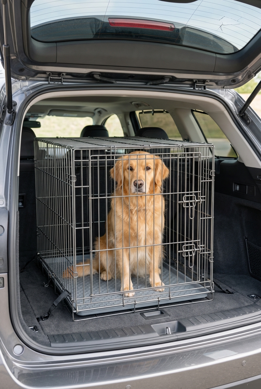 A dog riding in a secured crate in the back of an SUV with a non-slip mat and good ventilation
