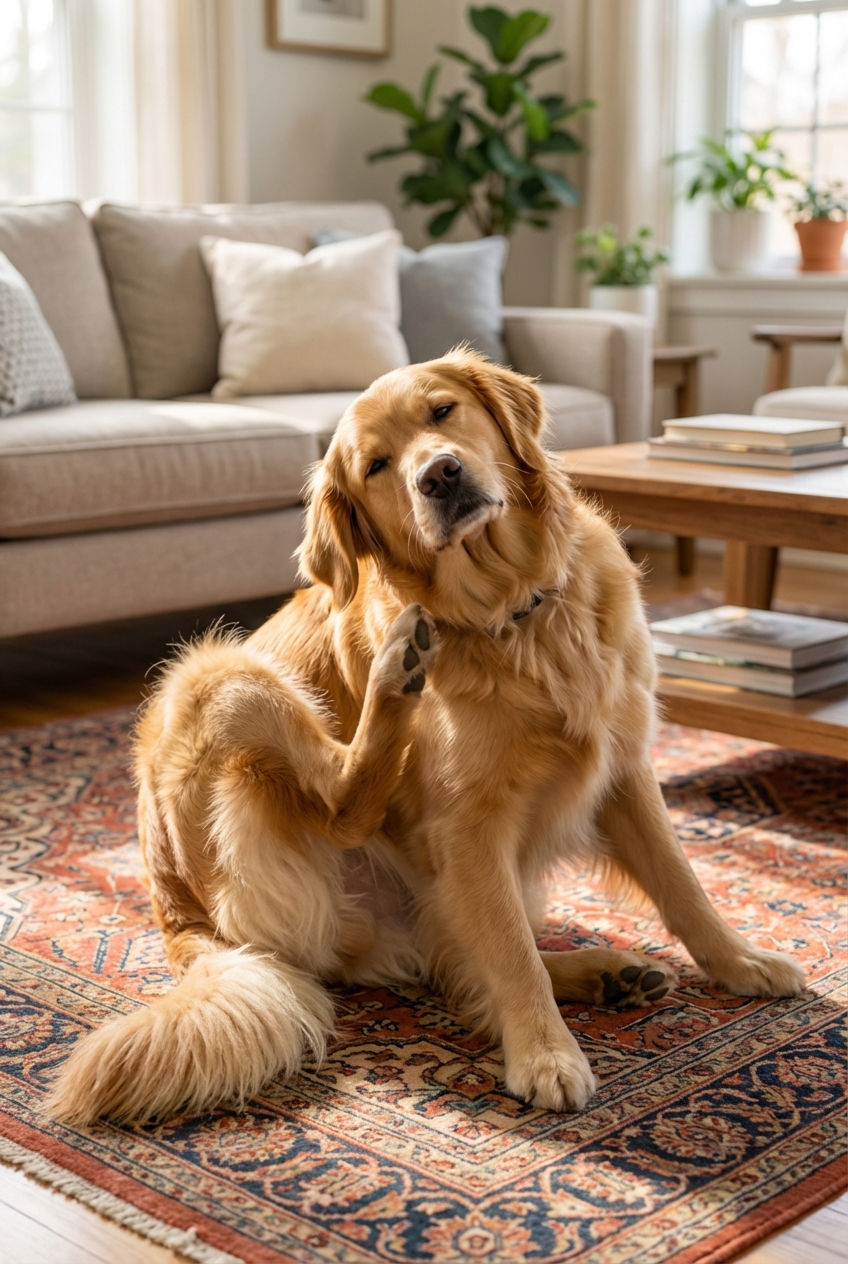A dog scratching its neck while sitting on a living room rug