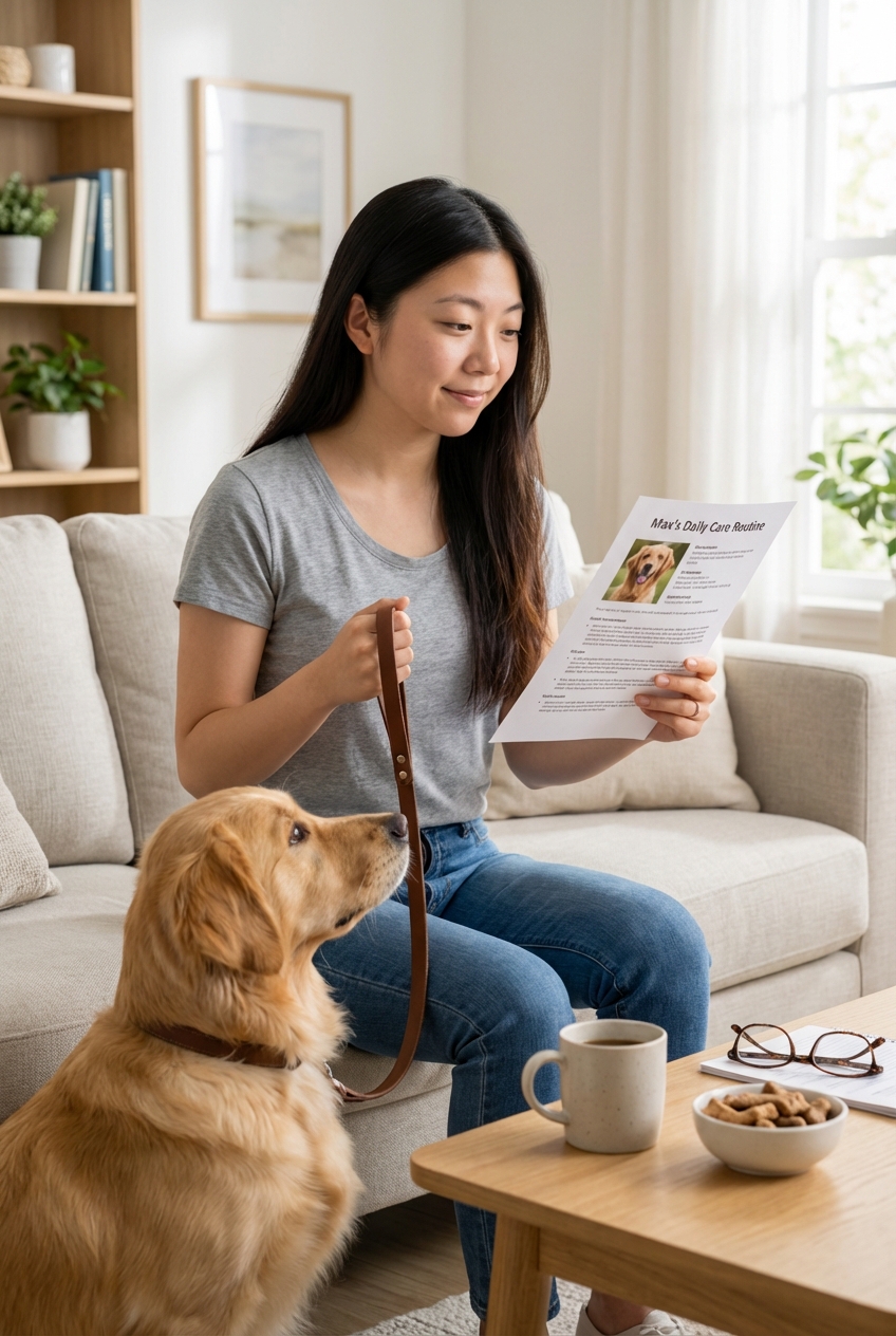 A dog sitter holding a leash while reviewing a printed care routine in a living room