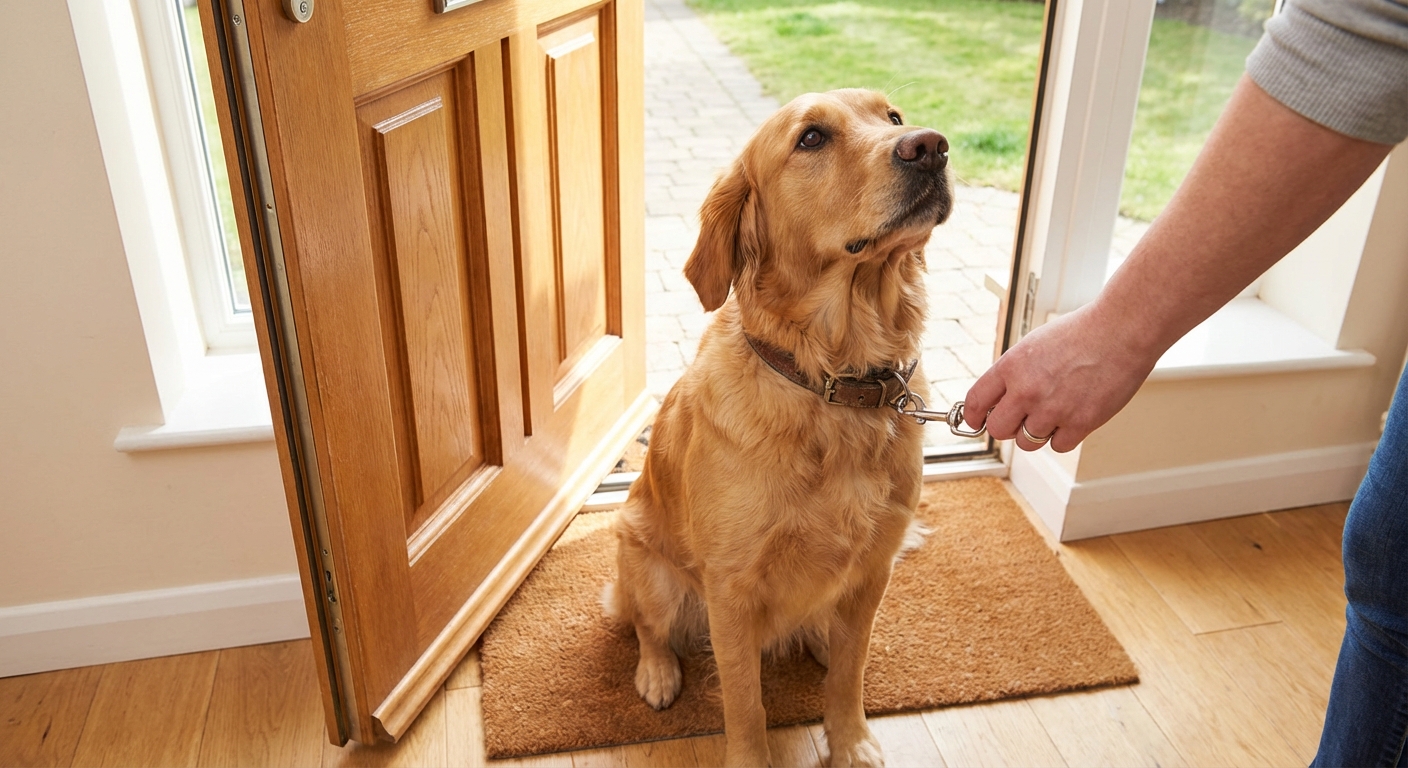 A dog sitting at a front door while a person holds a leash clip near the dog’s collar