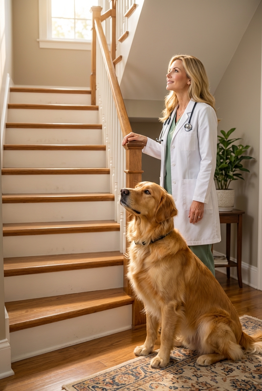 A dog sitting at the base of stairs looking up while an owner stands nearby