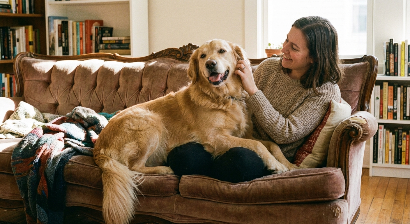 A dog sitting beside its owner with a relaxed posture while the owner gently pets the dog on a couch