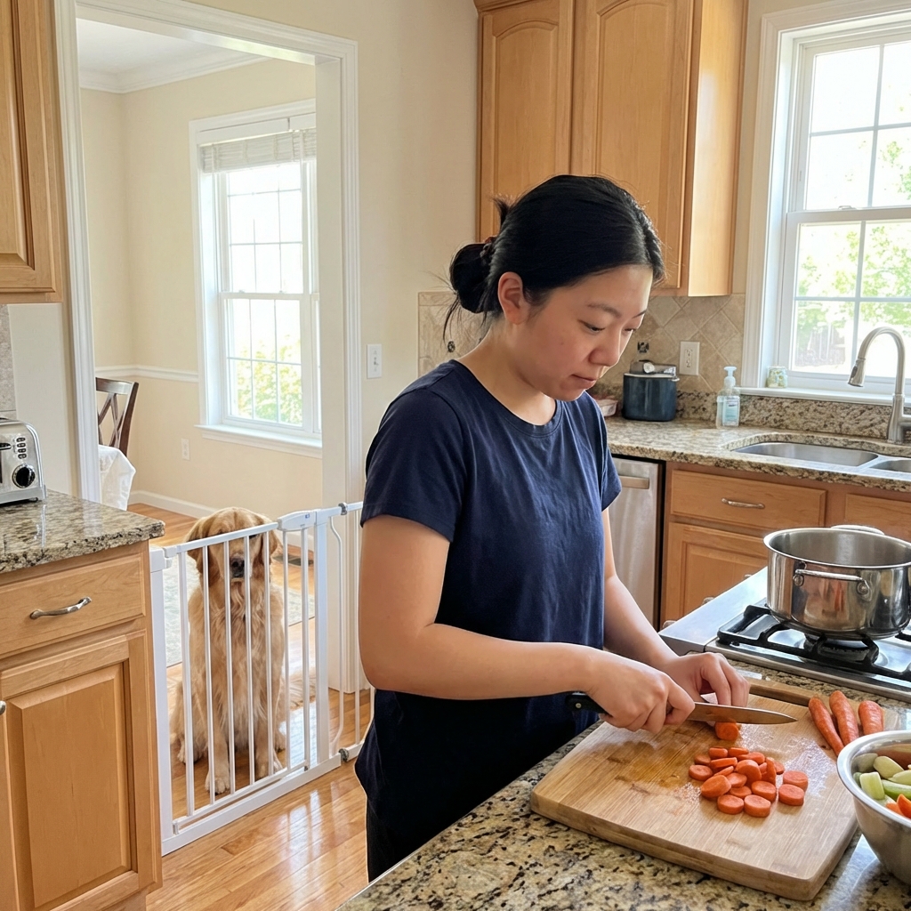 A dog sitting calmly behind a baby gate while an owner prepares food in a kitchen