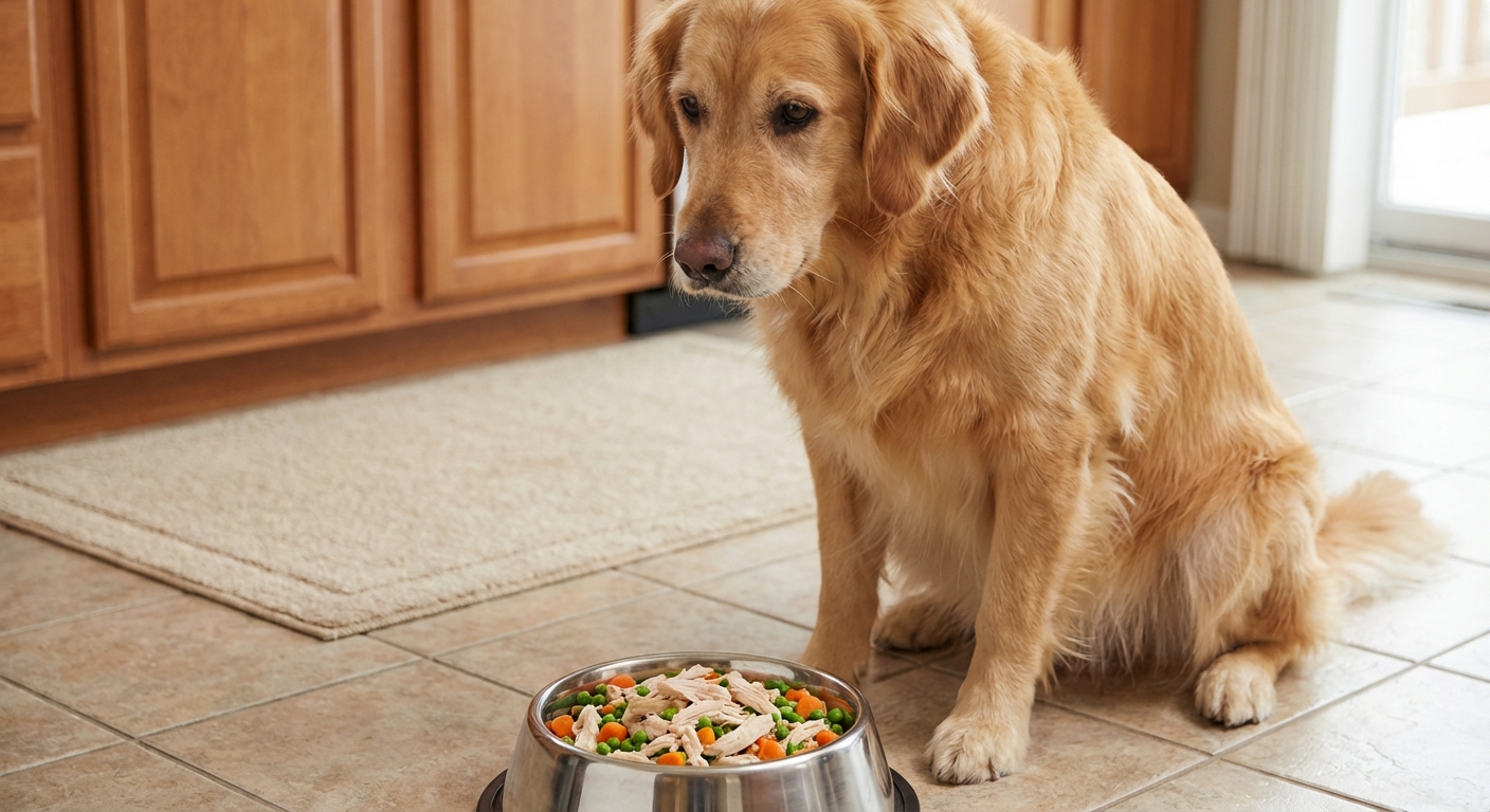 A dog sitting calmly beside a stainless steel bowl with cooked chicken and vegetables on a kitchen floor