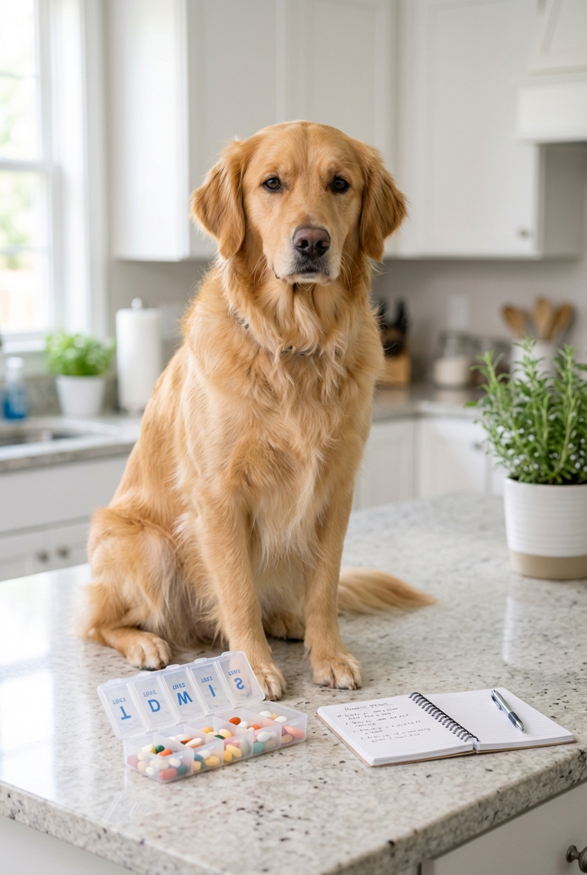 A dog sitting calmly next to a pill organizer and a small notebook on a kitchen counter