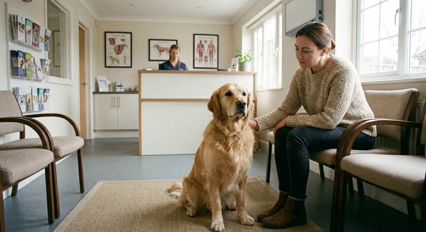 A dog sitting calmly next to its owner in a veterinary oncology waiting room
