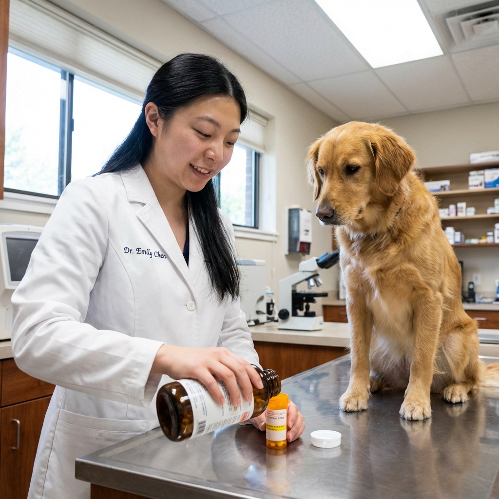 A dog sitting calmly while a veterinarian prepares a small medication bottle at a clinic counter