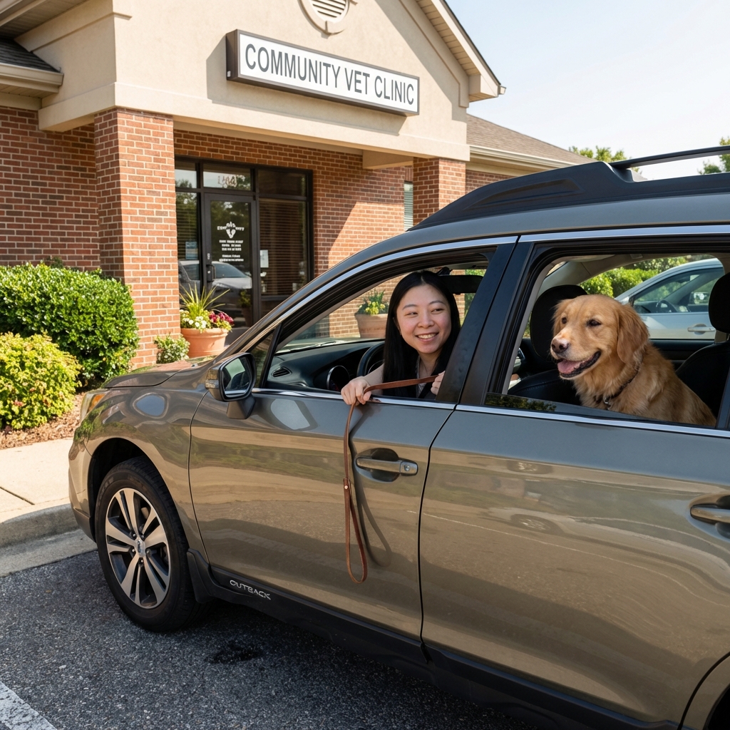 A dog sitting in a car with an owner holding a leash, parked outside a veterinary clinic entrance