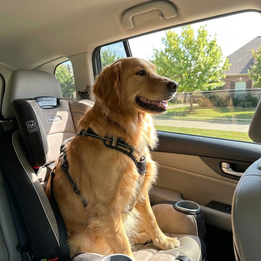 A dog sitting in a secured car seat looking out a window on a sunny day