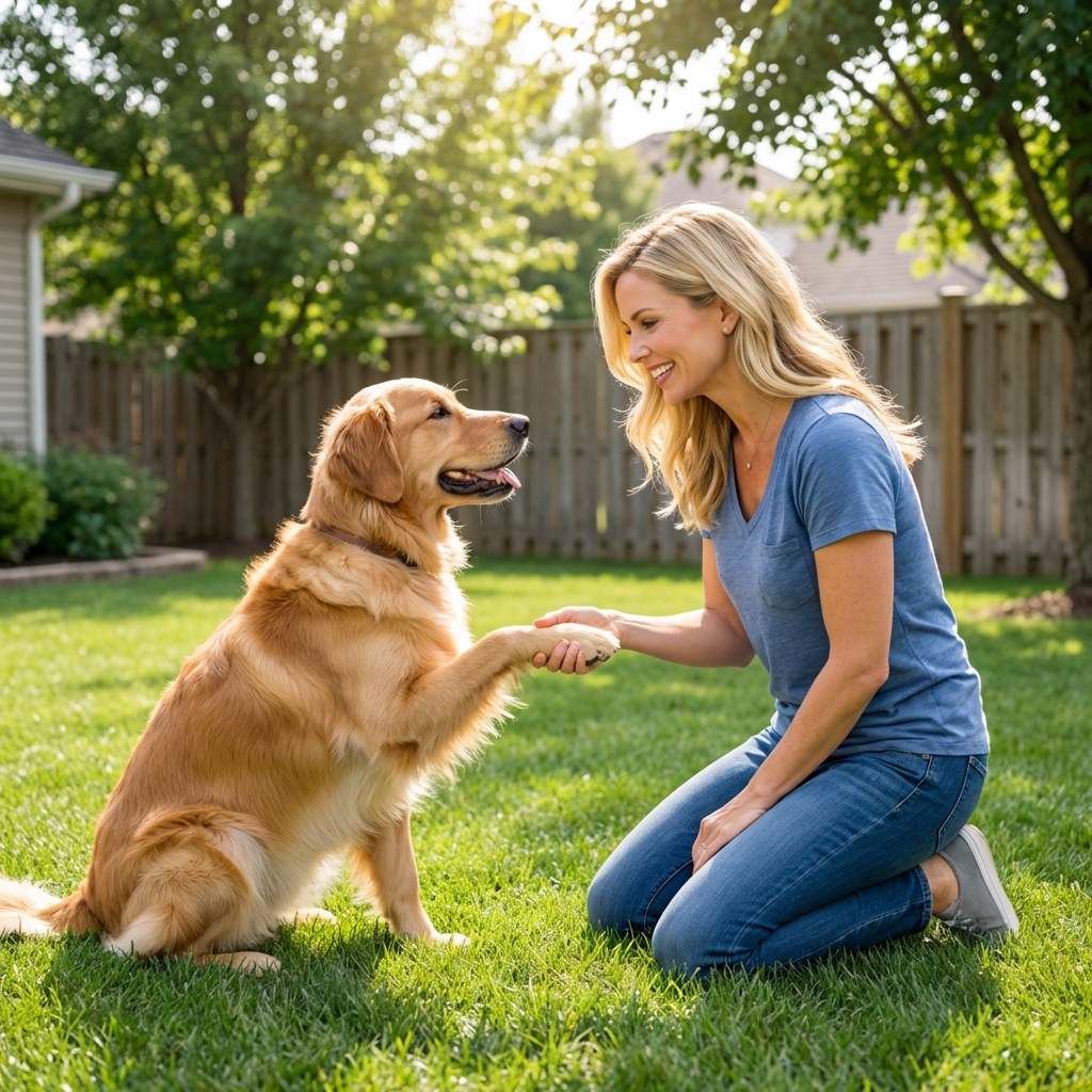 A dog sitting in a sunny backyard lifting a paw toward a person