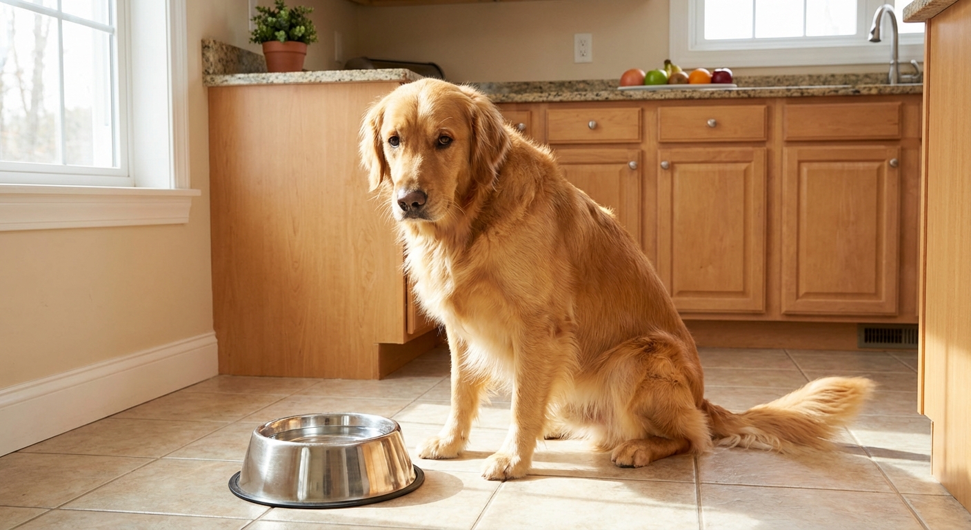 A dog sitting next to a water bowl in a kitchen, suggesting hydration support