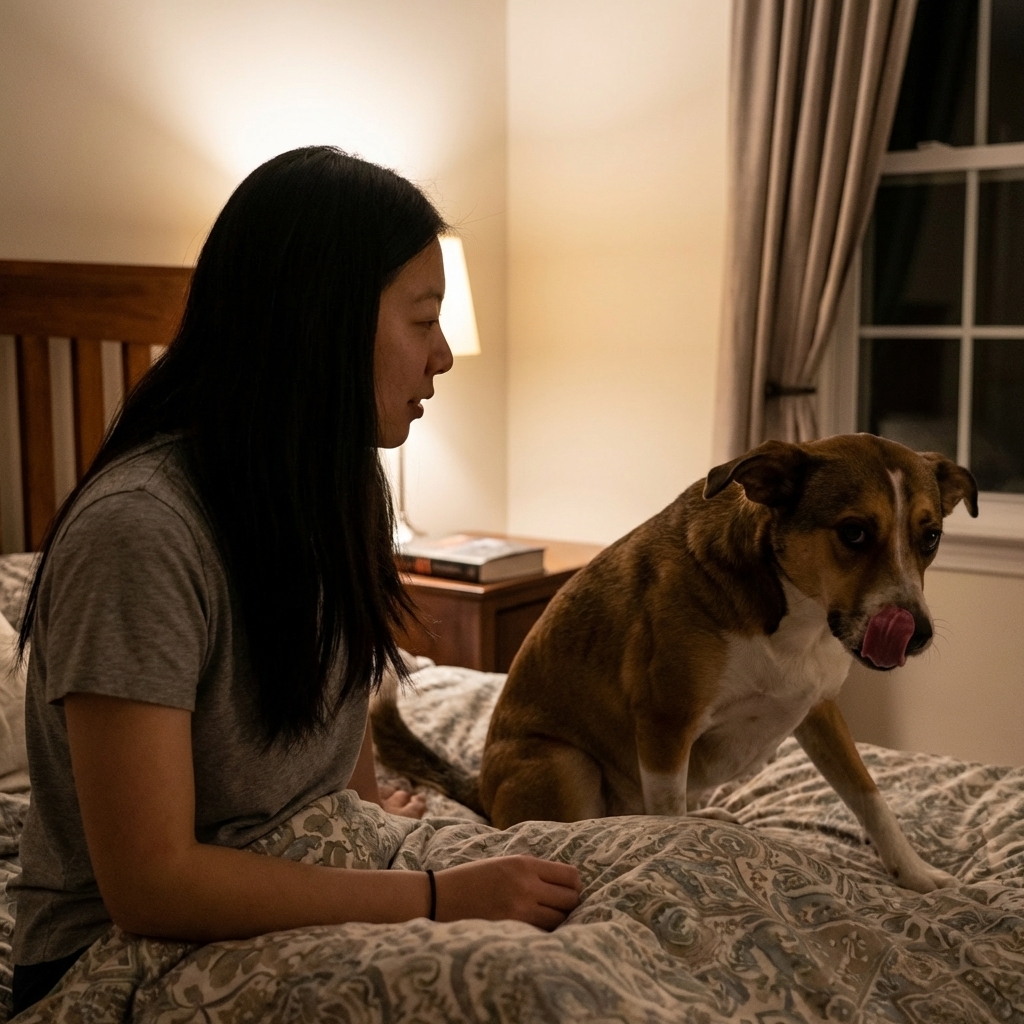 A dog sitting on a bed at night with visible lip licking and a slightly uneasy posture, realistic photography style